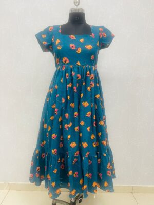 Pure cotton teal blue with beautiful cosmos handblock printed dress