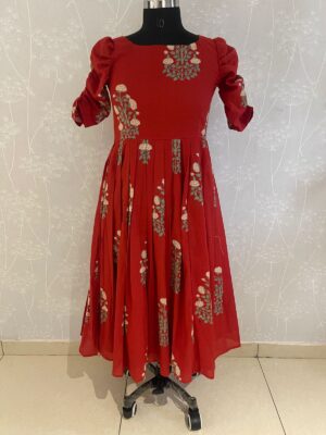 Pure cotton Red dress with beautiful marigold handblock printed dress